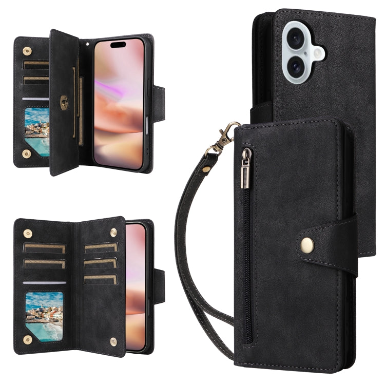 Rivet Buckle 9 Cards Three Fold Leather Phone Case, For iPhone 16 Pro Max, For iPhone 16 Pro, For iPhone 16 Plus, For iPhone 16, For iPhone 15 Pro Max, For iPhone 15 Pro