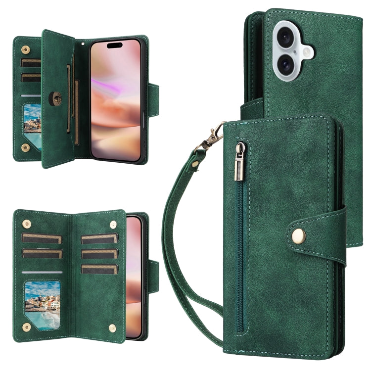 Rivet Buckle 9 Cards Three Fold Leather Phone Case, For iPhone 16 Pro Max, For iPhone 16 Pro, For iPhone 16 Plus, For iPhone 16, For iPhone 15 Pro Max, For iPhone 15 Pro