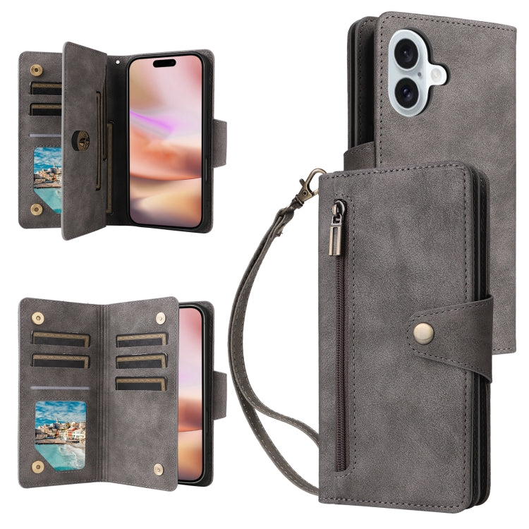 Rivet Buckle 9 Cards Three Fold Leather Phone Case, For iPhone 16 Pro Max, For iPhone 16 Pro, For iPhone 16 Plus, For iPhone 16, For iPhone 15 Pro Max, For iPhone 15 Pro