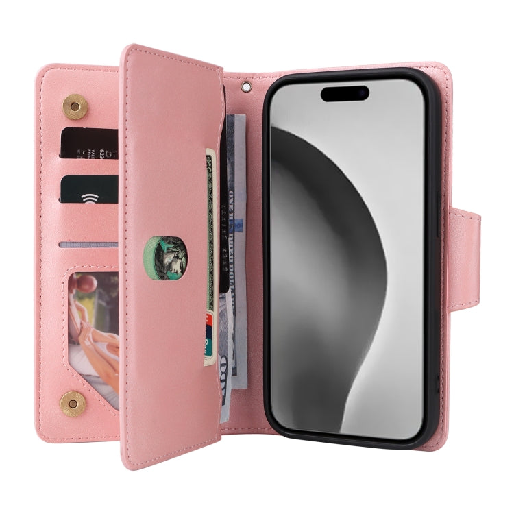 Rivet Buckle 9 Cards Three Fold Leather Phone Case, For iPhone 16 Pro Max, For iPhone 16 Pro, For iPhone 16 Plus, For iPhone 16, For iPhone 15 Pro Max, For iPhone 15 Pro