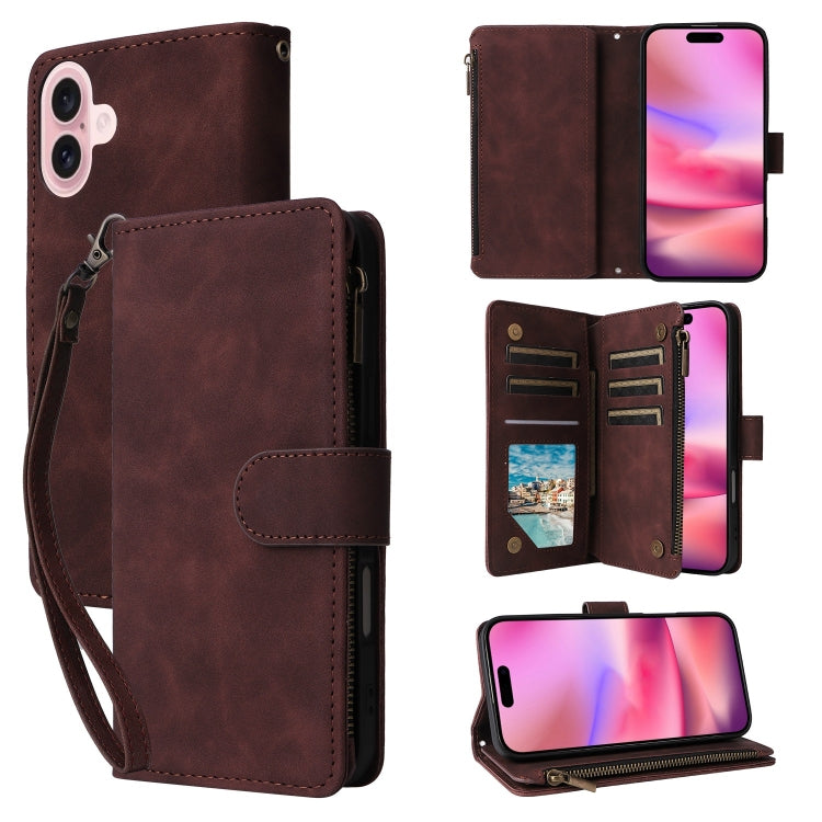 Crossbody Multi-card Slot Wallet Zipper Leather Phone Case, For iPhone 16 Pro Max, For iPhone 16 Pro, For iPhone 16 Plus, For iPhone 16