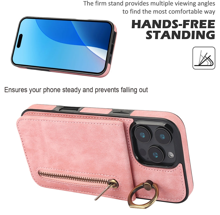 Retro Ring and Zipper RFID Card Slot Phone Case, For iPhone 16 Pro Max, For iPhone 16 Pro, For iPhone 16 Plus, For iPhone 16, For iPhone 15 Pro Max