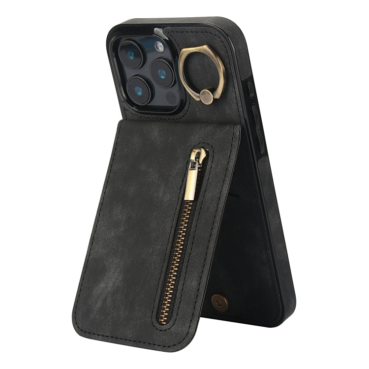 Retro Ring and Zipper RFID Card Slot Phone Case, For iPhone 16 Pro Max, For iPhone 16 Pro, For iPhone 16 Plus, For iPhone 16, For iPhone 15 Pro Max