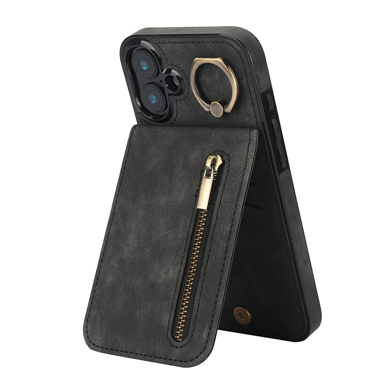 Retro Ring and Zipper RFID Card Slot Phone Case, For iPhone 16 Pro Max, For iPhone 16 Pro, For iPhone 16 Plus, For iPhone 16, For iPhone 15 Pro Max