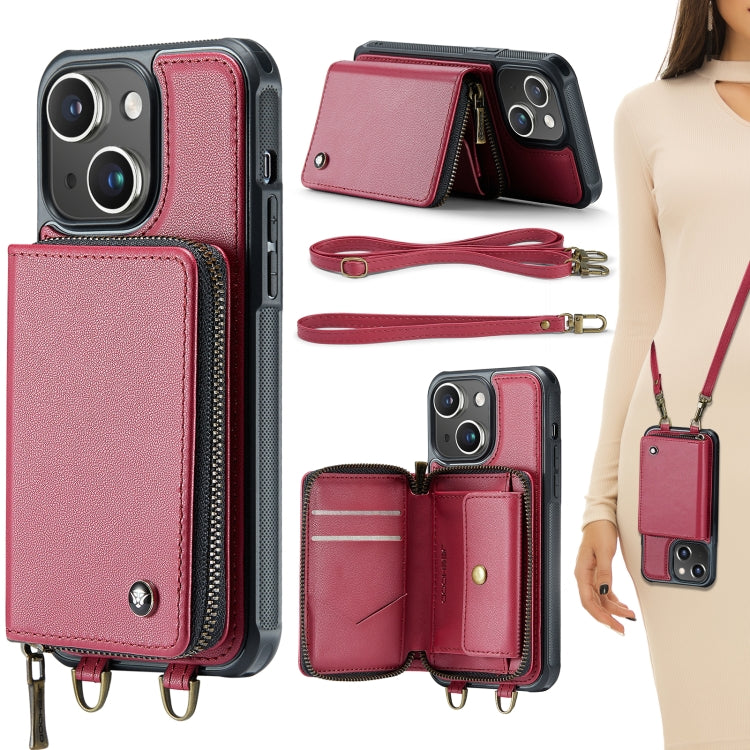 JEEHOOD C22 Series Zipper Wallet Leather Phone Case with Dual Lanyard, For iPhone 15 Pro, For iPhone 15 Plus, For iPhone 15