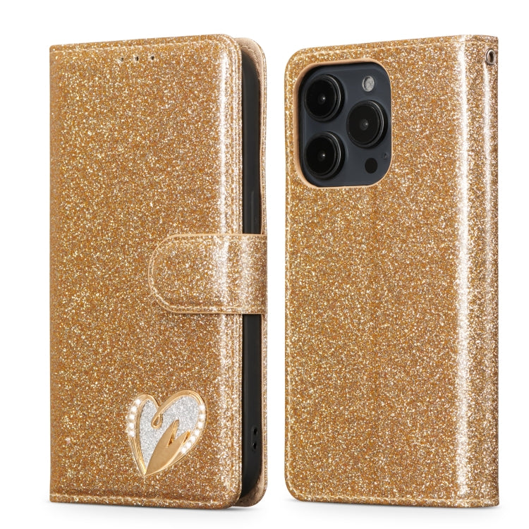 Glitter Powder Love Leather Phone Case, For iPhone 16 Pro Max, For iPhone 16 Pro, For iPhone 16 Plus, For iPhone 16, For iPhone 15 Pro Max, For iPhone 15 Pro, For iPhone 15 Plus, For iPhone 15