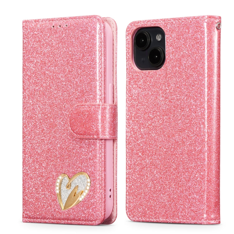 Glitter Powder Love Leather Phone Case, For iPhone 16 Pro Max, For iPhone 16 Pro, For iPhone 16 Plus, For iPhone 16, For iPhone 15 Pro Max, For iPhone 15 Pro, For iPhone 15 Plus, For iPhone 15