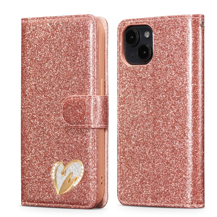 Glitter Powder Love Leather Phone Case, For iPhone 16 Pro Max, For iPhone 16 Pro, For iPhone 16 Plus, For iPhone 16, For iPhone 15 Pro Max, For iPhone 15 Pro, For iPhone 15 Plus, For iPhone 15