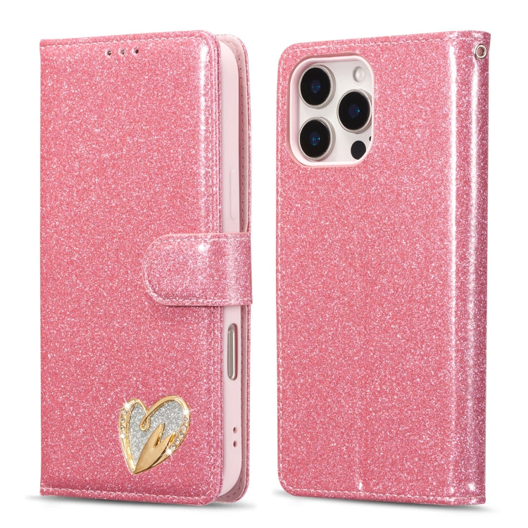 Glitter Powder Love Leather Phone Case, For iPhone 16 Pro Max, For iPhone 16 Pro, For iPhone 16 Plus, For iPhone 16, For iPhone 15 Pro Max, For iPhone 15 Pro, For iPhone 15 Plus, For iPhone 15