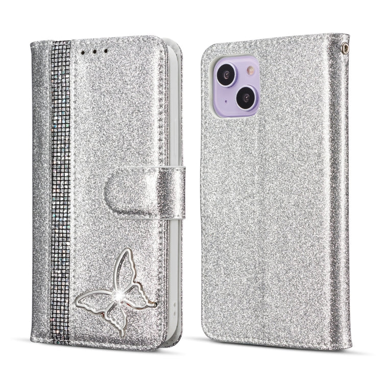 Glitter Powder Butterfly Leather Phone Case, For iPhone 16 Pro Max, For iPhone 16 Pro, For iPhone 16 Plus, For iPhone 16, For iPhone 15 Plus, For iPhone 15