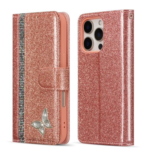 Glitter Powder Butterfly Leather Phone Case, For iPhone 16 Pro Max, For iPhone 16 Pro, For iPhone 16 Plus, For iPhone 16, For iPhone 15 Plus, For iPhone 15