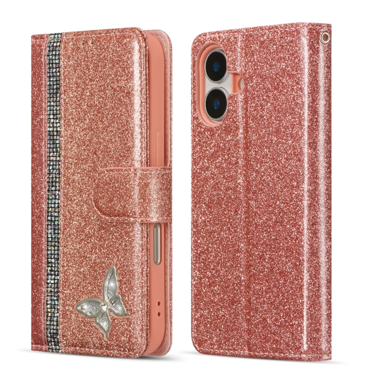 Glitter Powder Butterfly Leather Phone Case, For iPhone 16 Pro Max, For iPhone 16 Pro, For iPhone 16 Plus, For iPhone 16, For iPhone 15 Plus, For iPhone 15