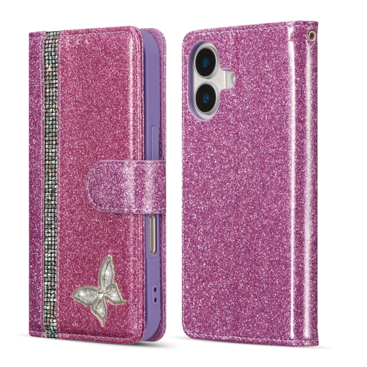 Glitter Powder Butterfly Leather Phone Case, For iPhone 16 Pro Max, For iPhone 16 Pro, For iPhone 16 Plus, For iPhone 16, For iPhone 15 Plus, For iPhone 15