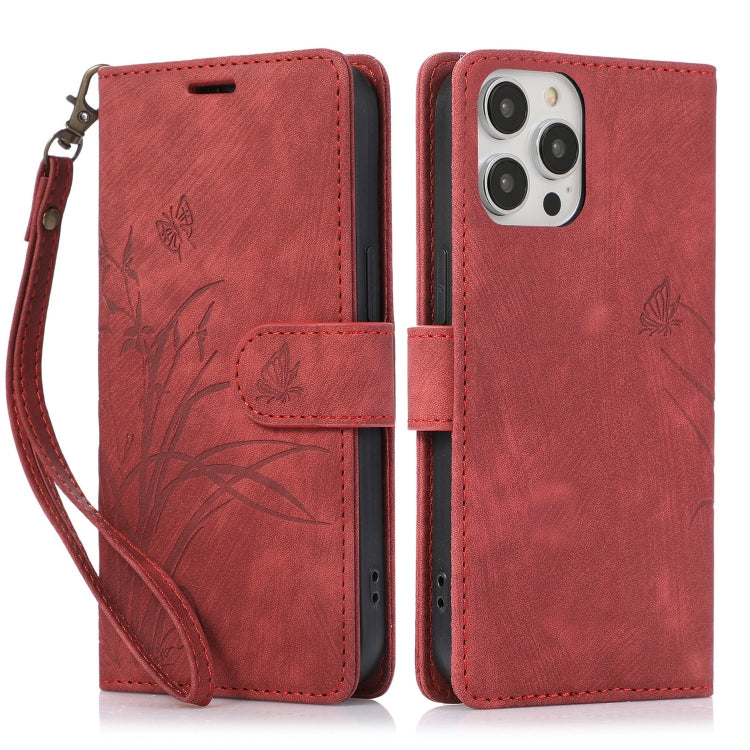 Orchid Butterfly Embossed Leather Phone Case, For iPhone 15 Pro, For iPhone 15 Plus, For iPhone 15, For iPhone 14 Plus, For iPhone 14