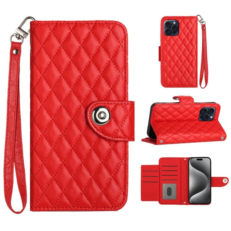 Rhombic Texture Flip Leather Phone Case with Lanyard, For iPhone 15 Pro Max, For iPhone 15 Pro, For iPhone 15 Plus, For iPhone 15, For iPhone 14 Plus