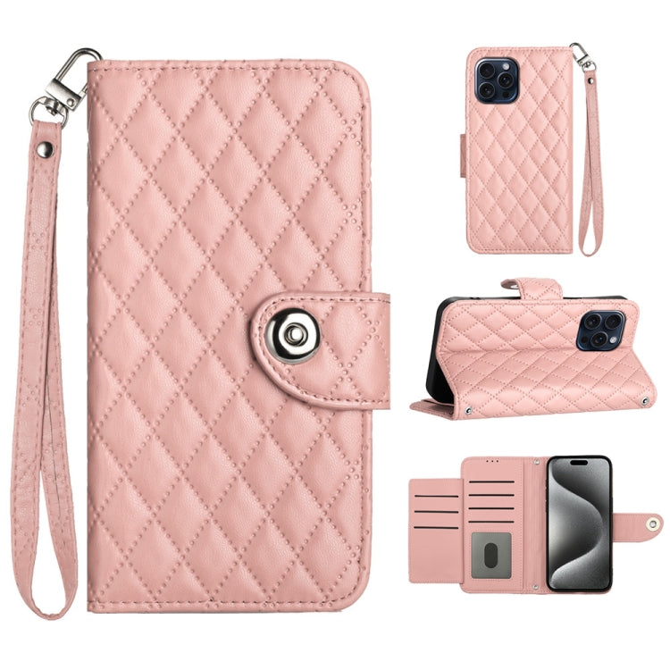 Rhombic Texture Flip Leather Phone Case with Lanyard, For iPhone 15 Pro Max, For iPhone 15 Pro, For iPhone 15 Plus, For iPhone 15, For iPhone 14 Plus