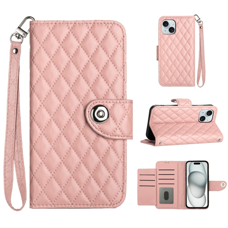 Rhombic Texture Flip Leather Phone Case with Lanyard, For iPhone 15 Pro Max, For iPhone 15 Pro, For iPhone 15 Plus, For iPhone 15, For iPhone 14 Plus