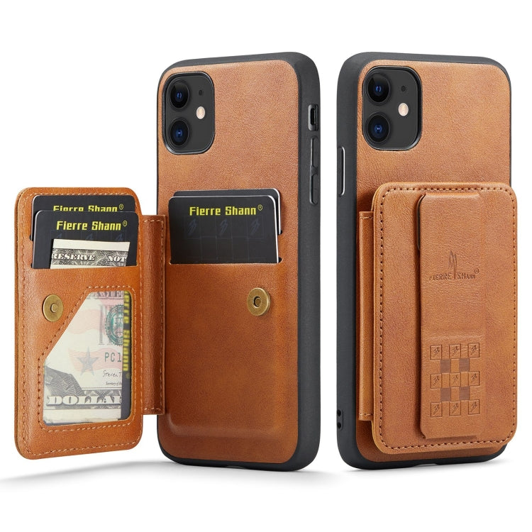 Fierre Shann Oil Wax Cow Leather Card Holder Back Phone Case, For iPhone 13, For iPhone 12 / 12 Pro, For iPhone 12 Pro Max, For iPhone 11 Pro Max, For iPhone 11