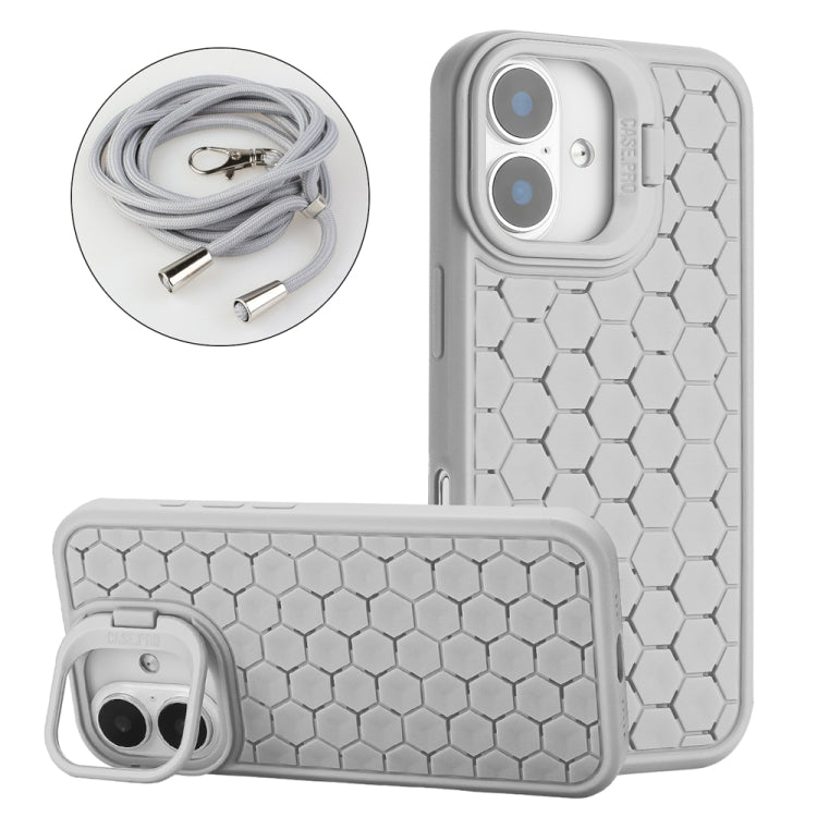 Honeycomb Radiating Lens Holder Magsafe Phone Case with Lanyard, For iPhone 16 Pro Max, For iPhone 16 Pro, For iPhone 16 Plus, For iPhone 16, For iPhone 15 Pro Max