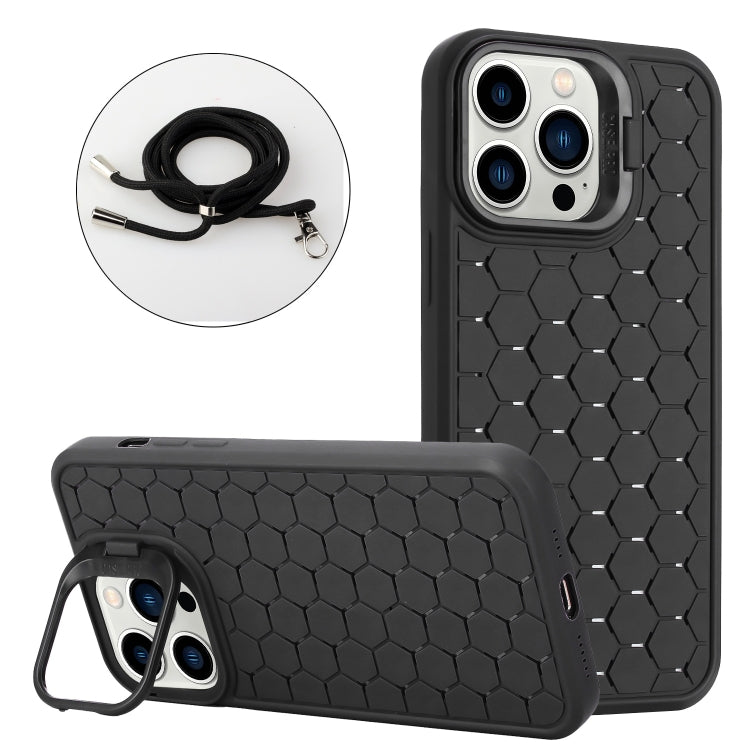 Honeycomb Radiating Holder TPU Phone Case with Lanyard, For iPhone 16 Pro Max, For iPhone 16 Pro, For iPhone 16 Plus, For iPhone 16, For iPhone 15 Pro Max