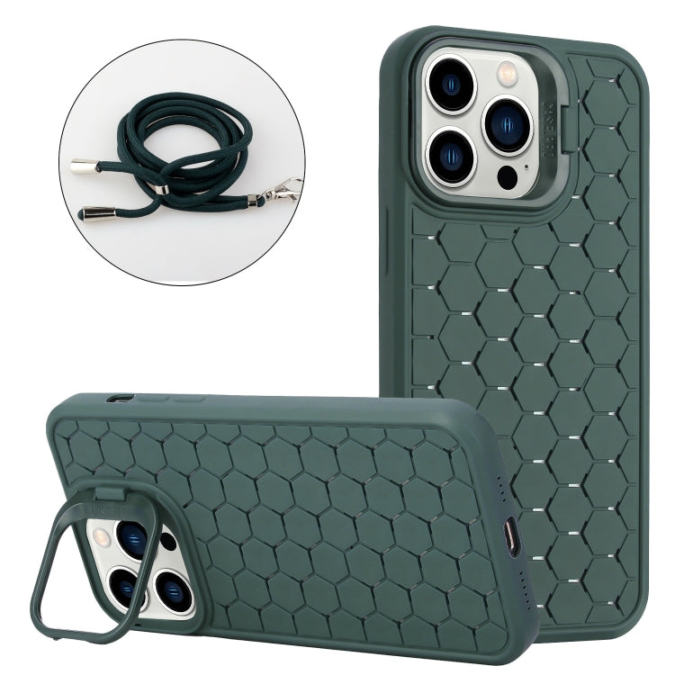 Honeycomb Radiating Holder TPU Phone Case with Lanyard, For iPhone 16 Pro Max, For iPhone 16 Pro, For iPhone 16 Plus, For iPhone 16, For iPhone 15 Pro Max