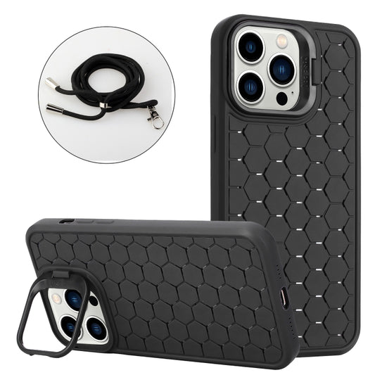 Honeycomb Radiating Holder TPU Phone Case with Lanyard, For iPhone 15 Pro, For iPhone 15 Plus, For iPhone 15, For iPhone 14 Plus, For iPhone 14