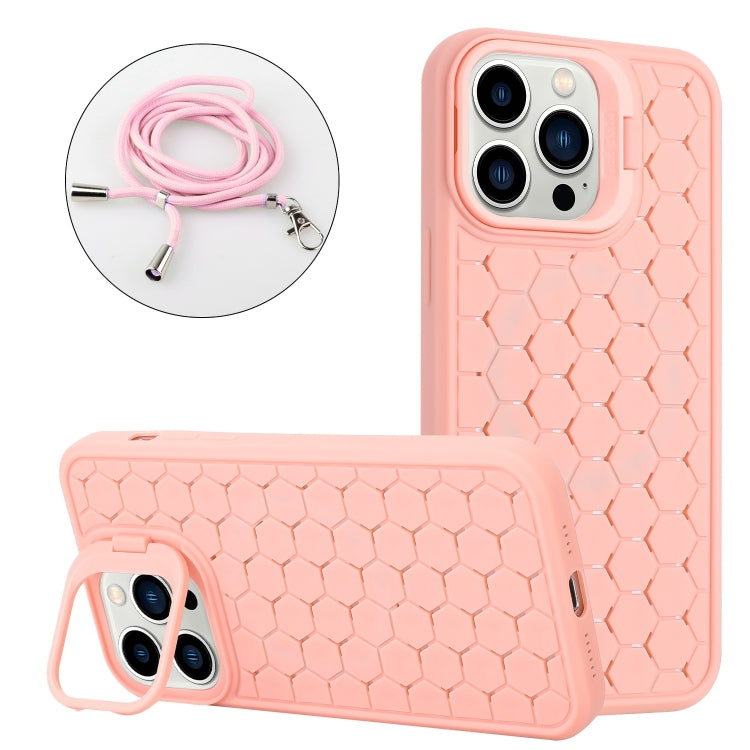 Honeycomb Radiating Holder TPU Phone Case with Lanyard, For iPhone 15 Pro, For iPhone 15 Plus, For iPhone 15, For iPhone 14 Plus, For iPhone 14