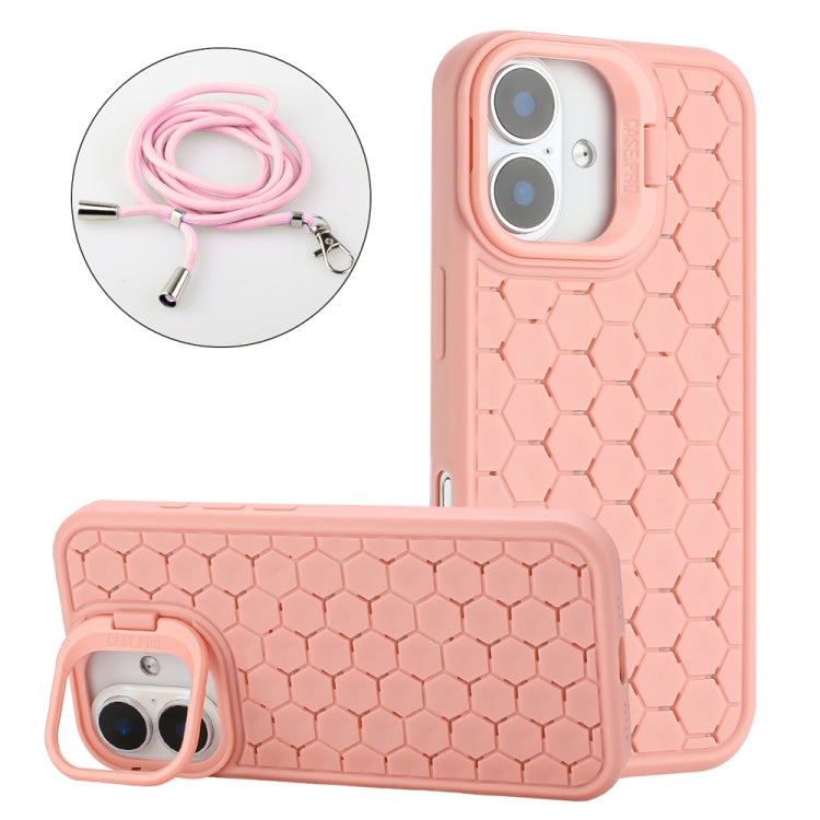 Honeycomb Radiating Holder TPU Phone Case with Lanyard, For iPhone 16 Pro Max, For iPhone 16 Pro, For iPhone 16 Plus, For iPhone 16, For iPhone 15 Pro Max