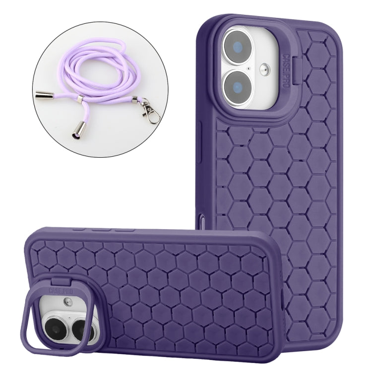 Honeycomb Radiating Holder TPU Phone Case with Lanyard, For iPhone 16 Pro Max, For iPhone 16 Pro, For iPhone 16 Plus, For iPhone 16, For iPhone 15 Pro Max