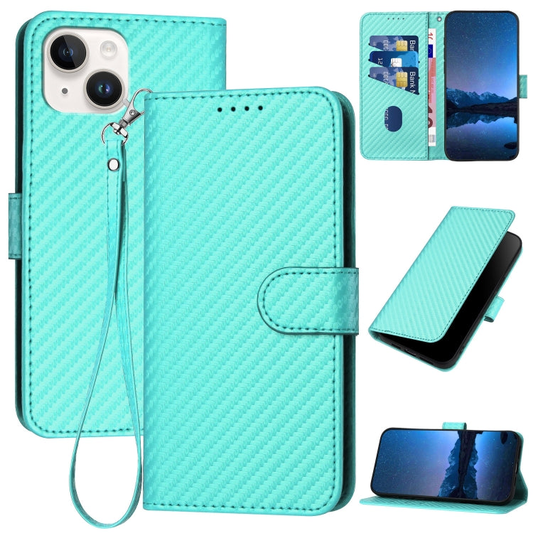 YX0070 Carbon Fiber Buckle Leather Phone Case with Lanyard, For iPhone 15, For iPhone 14 Plus, For iPhone 14, For iPhone 14 Pro