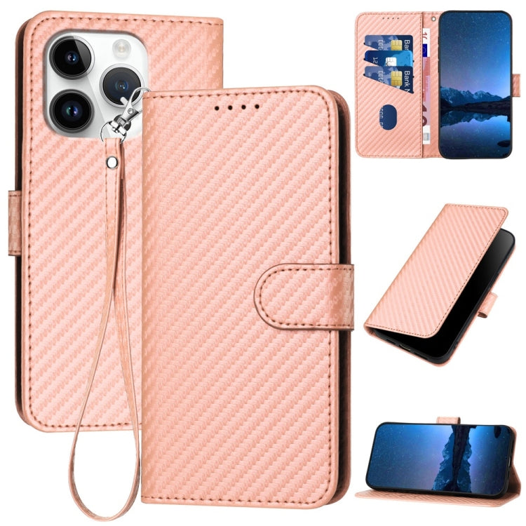 YX0070 Carbon Fiber Buckle Leather Phone Case with Lanyard, For iPhone 16 Pro Max, For iPhone 16 Pro, For iPhone 16 Plus, For iPhone 16