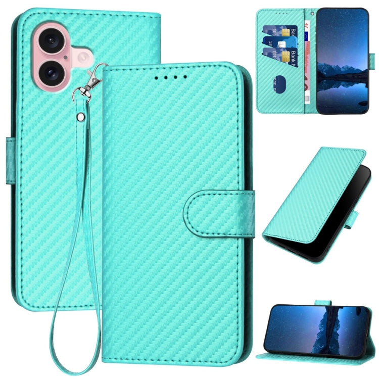 YX0070 Carbon Fiber Buckle Leather Phone Case with Lanyard, For iPhone 16 Pro Max, For iPhone 16 Pro, For iPhone 16 Plus, For iPhone 16