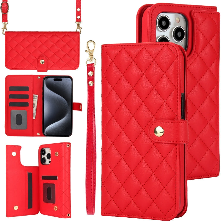 Crossbody Multifunction Rhombic Leather Phone Case, For iPhone 15 Pro Max, For iPhone 15 Pro, For iPhone 15 Plus, For iPhone 15