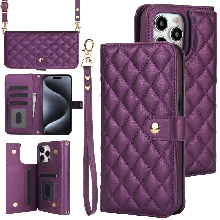 Crossbody Multifunction Rhombic Leather Phone Case, For iPhone 15 Pro Max, For iPhone 15 Pro, For iPhone 15 Plus, For iPhone 15