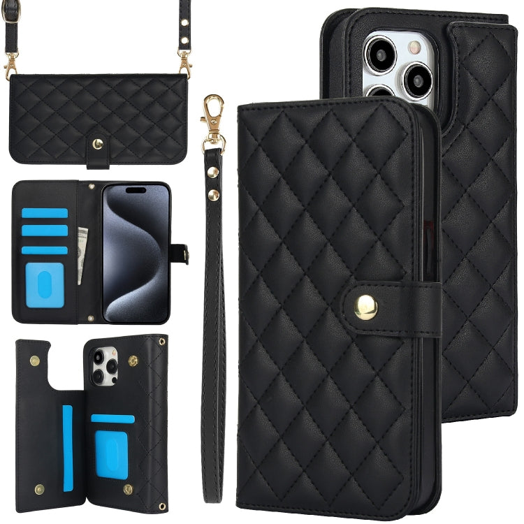 Crossbody Multifunction Rhombic Leather Phone Case, For iPhone 16 Pro Max, For iPhone 16 Pro, For iPhone 16 Plus, For iPhone 16