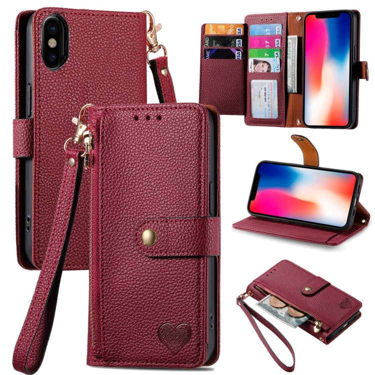 Love Zipper Lanyard Leather Phone Case, For iPhone 12 / 12 Pro, For iPhone X / XS, For iPhone 7 Plus / 8 Plus, For iPhone 6 Plus / 6s Plus, For iPhone 6 / 6s