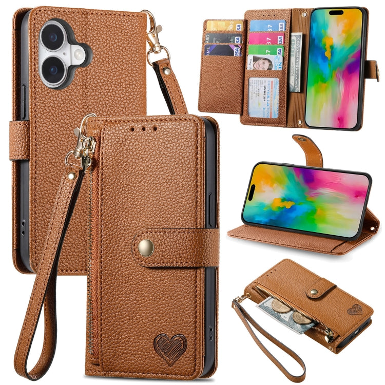 Love Zipper Lanyard Leather Phone Case, For iPhone 16e, For iPhone 16 Pro Max, For iPhone 16 Pro, For iPhone 16 Plus, For iPhone 16