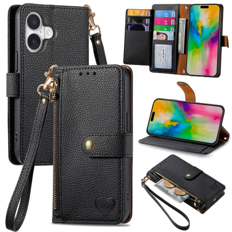 Love Zipper Lanyard Leather Phone Case, For iPhone 16e, For iPhone 16 Pro Max, For iPhone 16 Pro, For iPhone 16 Plus, For iPhone 16