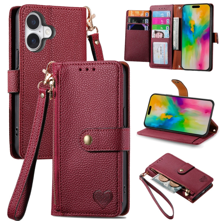 Love Zipper Lanyard Leather Phone Case, For iPhone 16e, For iPhone 16 Pro Max, For iPhone 16 Pro, For iPhone 16 Plus, For iPhone 16