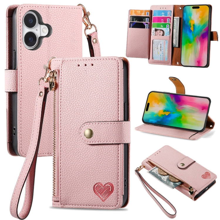 Love Zipper Lanyard Leather Phone Case, For iPhone 16e, For iPhone 16 Pro Max, For iPhone 16 Pro, For iPhone 16 Plus, For iPhone 16