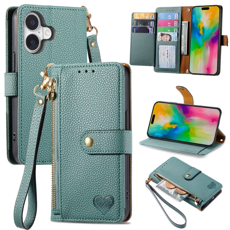 Love Zipper Lanyard Leather Phone Case, For iPhone 16e, For iPhone 16 Pro Max, For iPhone 16 Pro, For iPhone 16 Plus, For iPhone 16