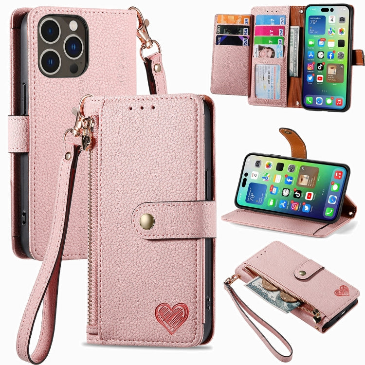 Love Zipper Lanyard Leather Phone Case, For iPhone 16e, For iPhone 16 Pro Max, For iPhone 16 Pro, For iPhone 16 Plus, For iPhone 16