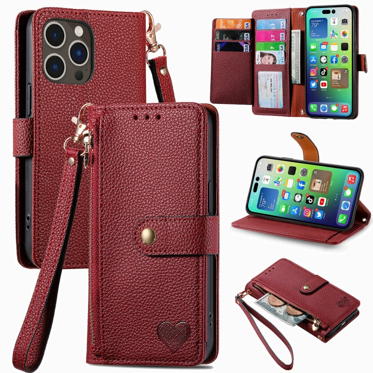 Love Zipper Lanyard Leather Phone Case, For iPhone 16e, For iPhone 16 Pro Max, For iPhone 16 Pro, For iPhone 16 Plus, For iPhone 16