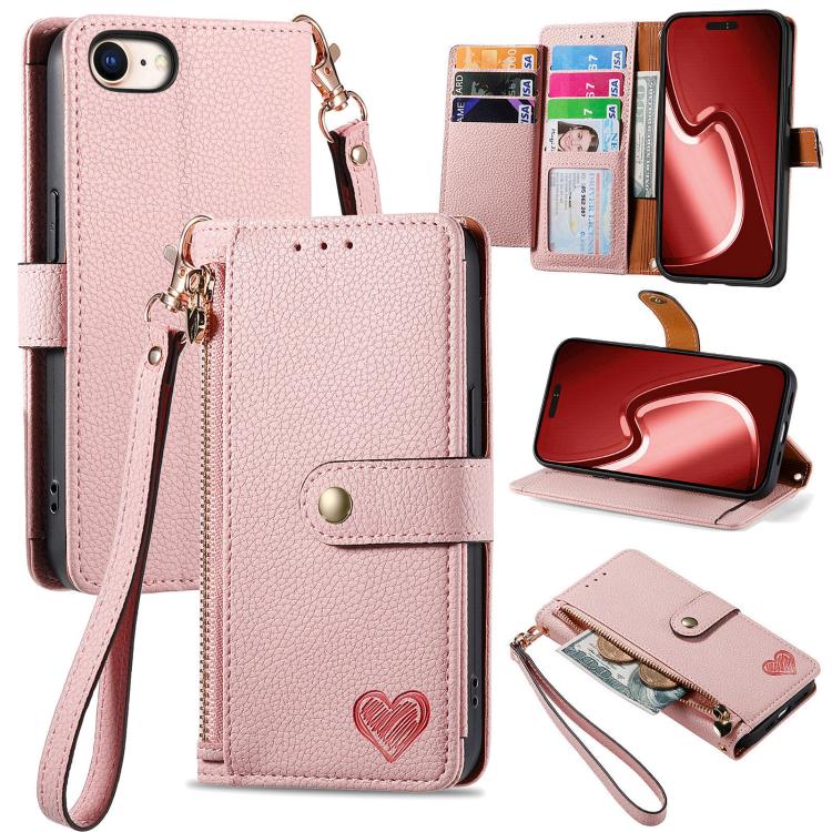 Love Zipper Lanyard Leather Phone Case, For iPhone 16e, For iPhone 16 Pro Max, For iPhone 16 Pro, For iPhone 16 Plus, For iPhone 16