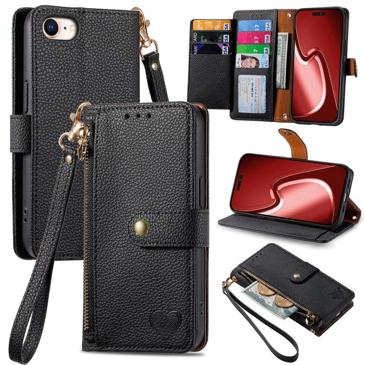 Love Zipper Lanyard Leather Phone Case, For iPhone 16e, For iPhone 16 Pro Max, For iPhone 16 Pro, For iPhone 16 Plus, For iPhone 16