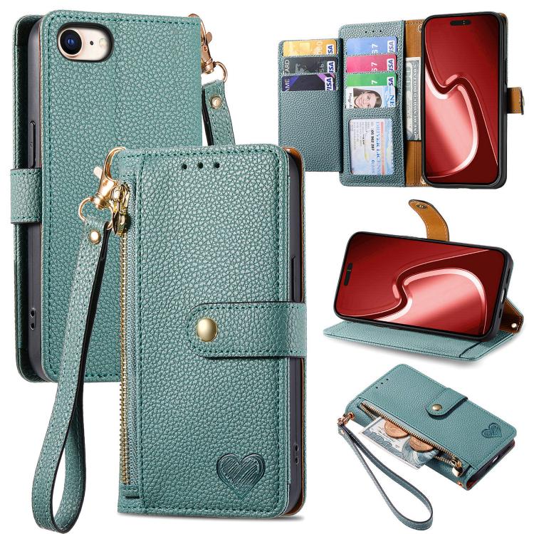 Love Zipper Lanyard Leather Phone Case, For iPhone 16e, For iPhone 16 Pro Max, For iPhone 16 Pro, For iPhone 16 Plus, For iPhone 16