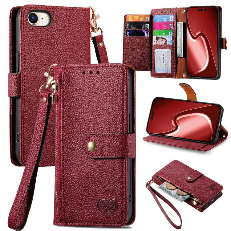 Love Zipper Lanyard Leather Phone Case, For iPhone 16e, For iPhone 16 Pro Max, For iPhone 16 Pro, For iPhone 16 Plus, For iPhone 16