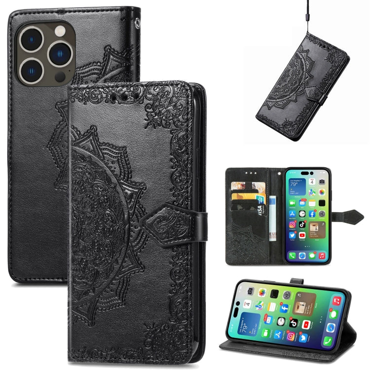 Mandala Flower Embossed Leather Phone Case, For iPhone 15 Pro, For iPhone 15 Plus, For iPhone 15