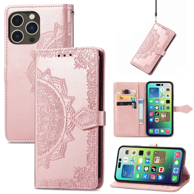 Mandala Flower Embossed Leather Phone Case, For iPhone 15 Pro, For iPhone 15 Plus, For iPhone 15