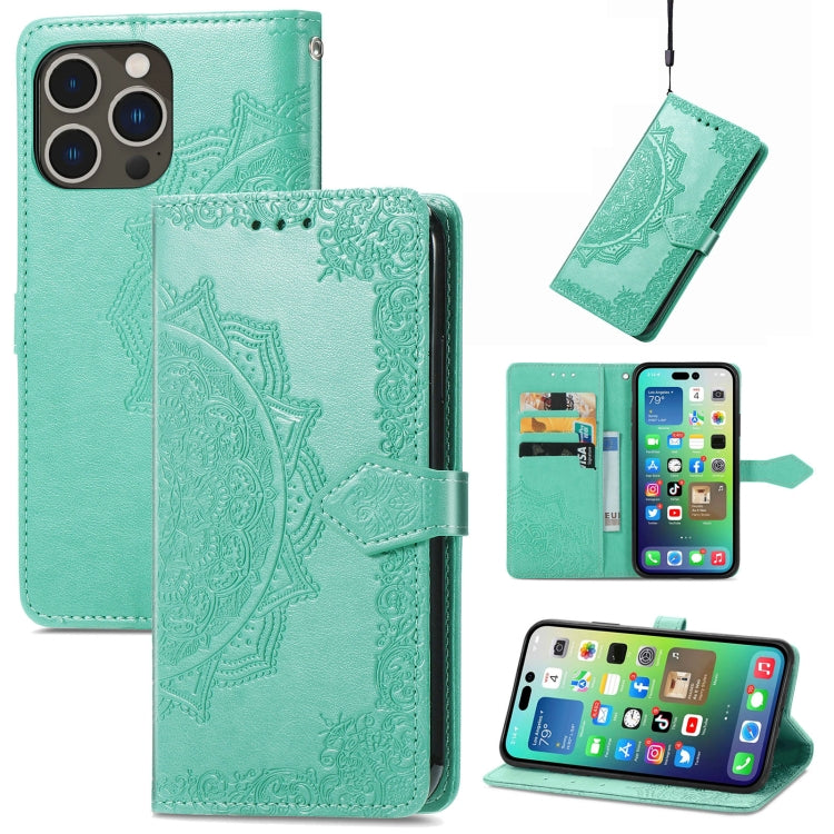 Mandala Flower Embossed Leather Phone Case, For iPhone 15 Pro, For iPhone 15 Plus, For iPhone 15